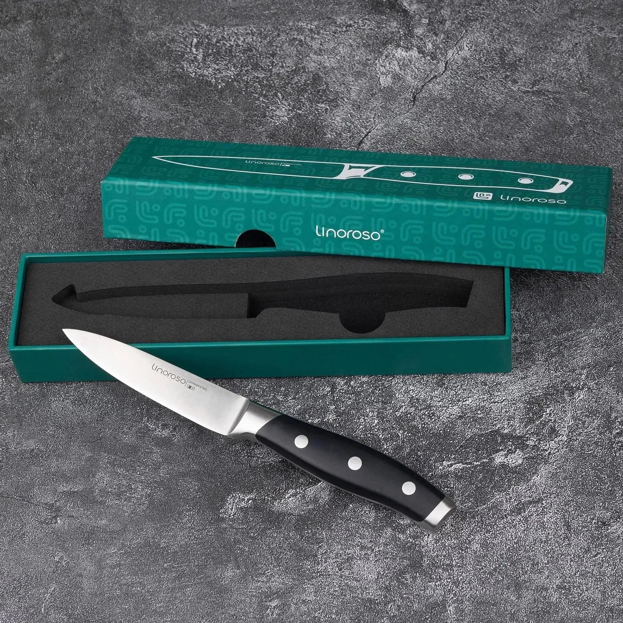 linoroso Paring Knife 3.5 inch Small Kitchen Knife with Elegant Gift Box, Sharp Forged German Carbon Stainless Steel Fruit Knife, Full Tang, Ergonomic Handle-Classic Series - Linoroso