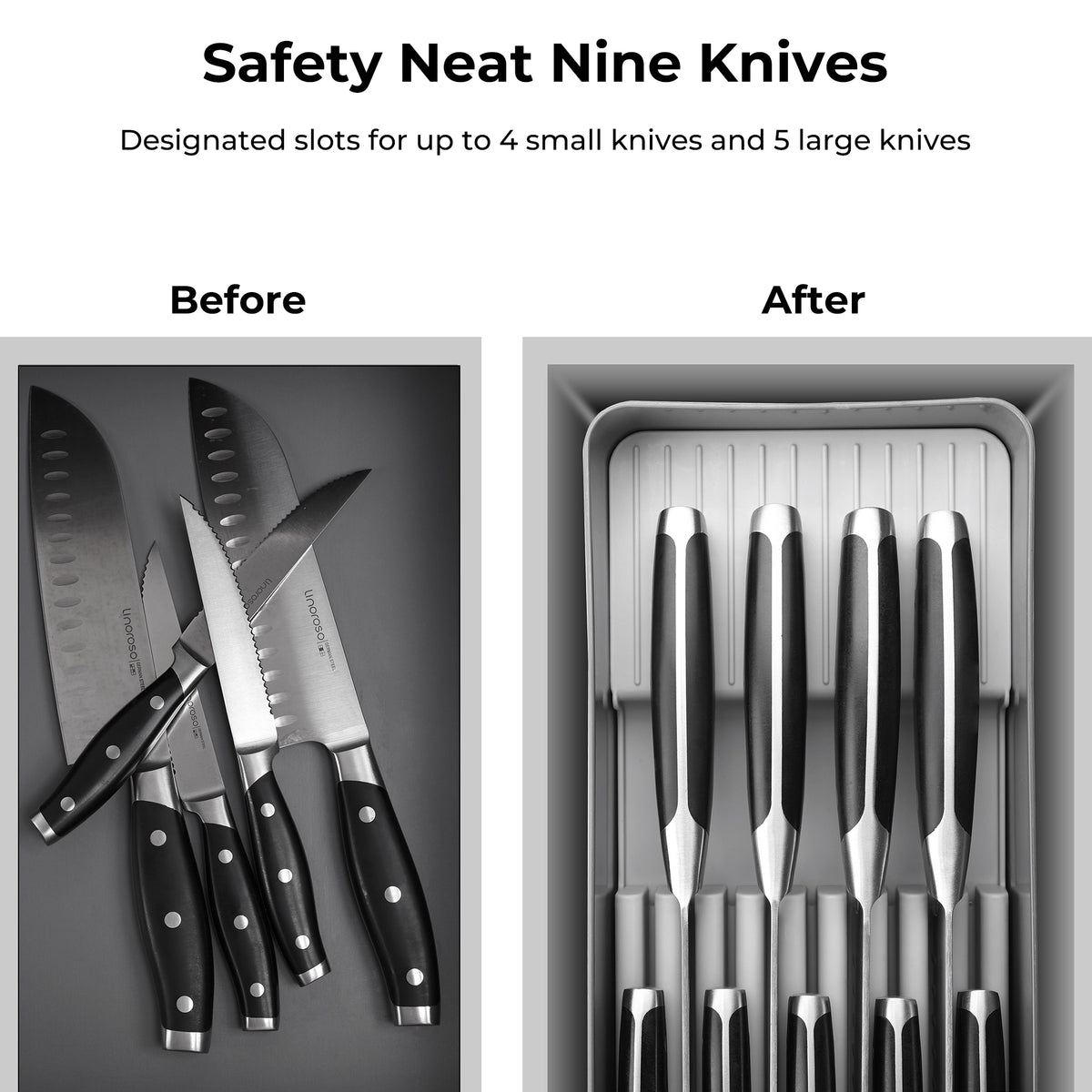 Linoroso Knife Drawer Organizer With In-Drawer Knife Block for 9 Knives