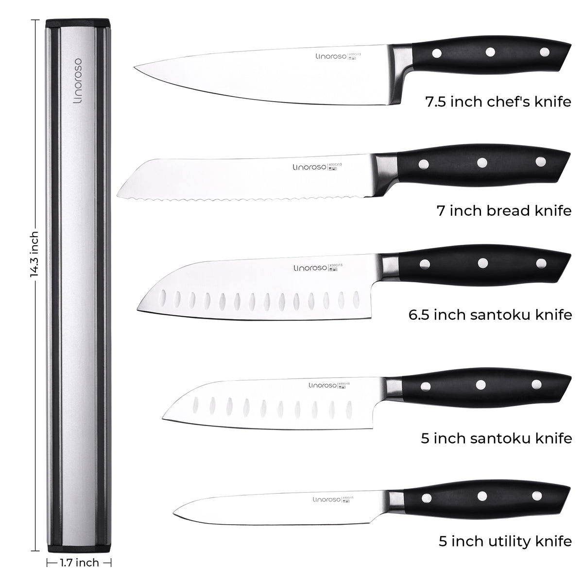 Linoroso 5-Piece All-Purpose Kitchen Knife Set with 16" Magnetic Wall Holder