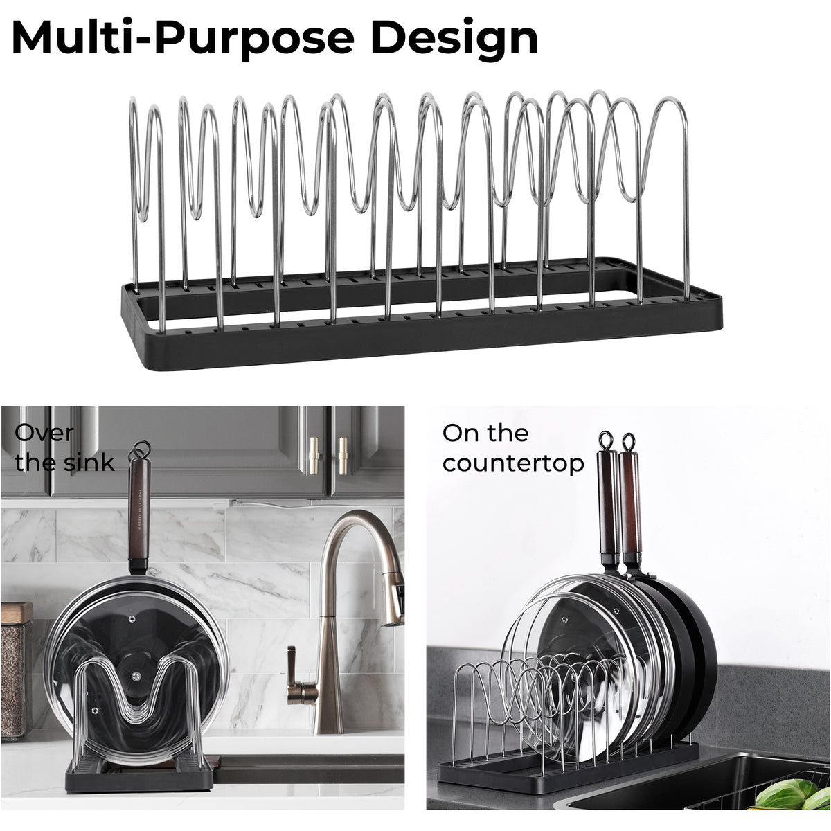 Pot and Lid Drying Organizer Rack, Adjustable Kitchen Holder for Pot Lids
