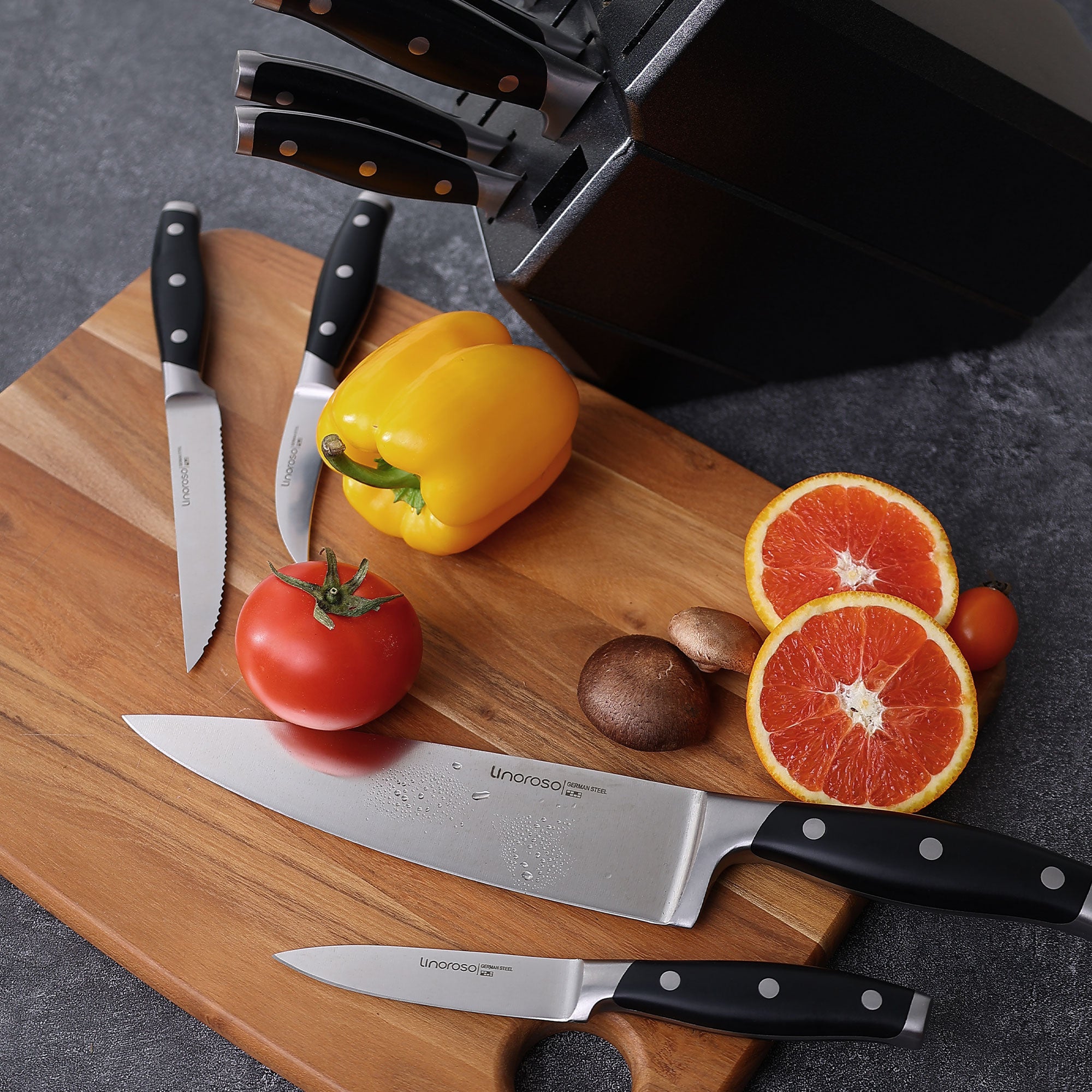 Linoroso Steak Knives, Semi Serrated Steak Knife Set of 4, Sharp Forged German Stainless Steel Steak Knives Set with Exquisite Beech Wood Block, Full