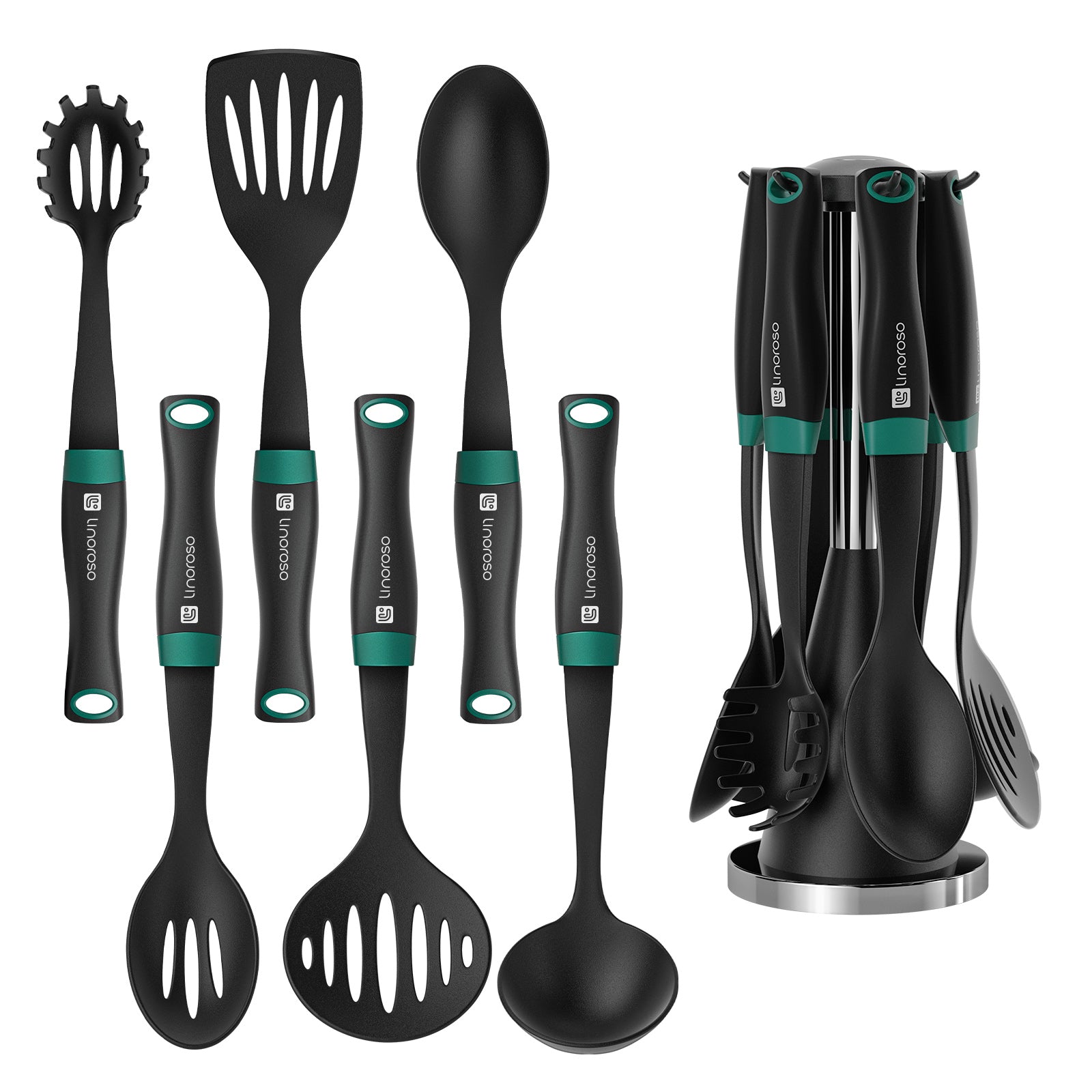 Linoroso Nylon Cooking Utensils Set, 7 Pieces Elevate Kitchen Utensil Set with Exquisite Rotating Stand, Innovative Weighted